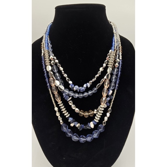 Source Unknown Jewelry - Layered Blue Silver-tone Clear Pale Peach Beaded Chunky Boho Adjustable Necklace